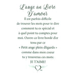 Message en français sur la carte de l’épinglette « Livre d’amour ».