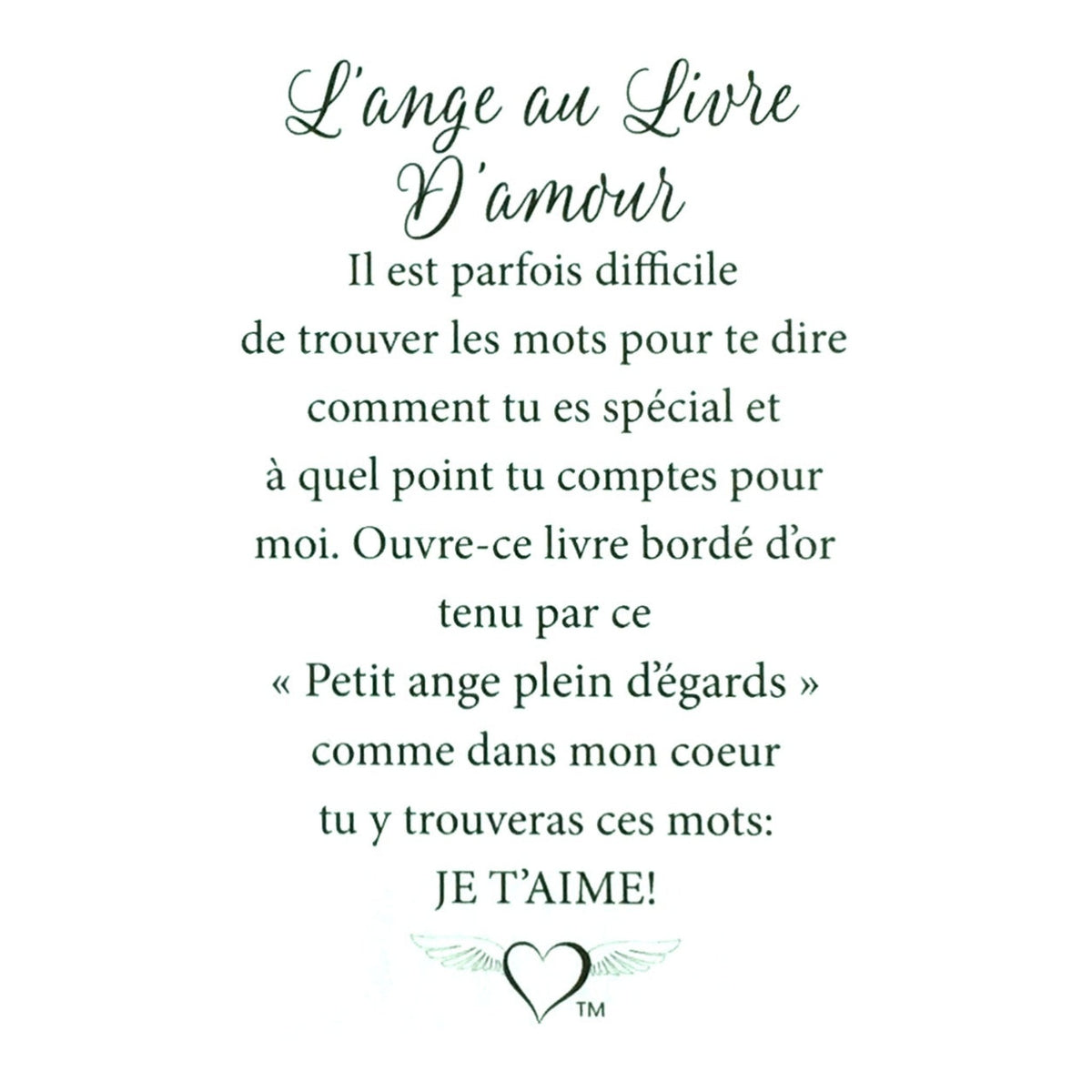 Message en français sur la carte de l’épinglette « Livre d’amour ».