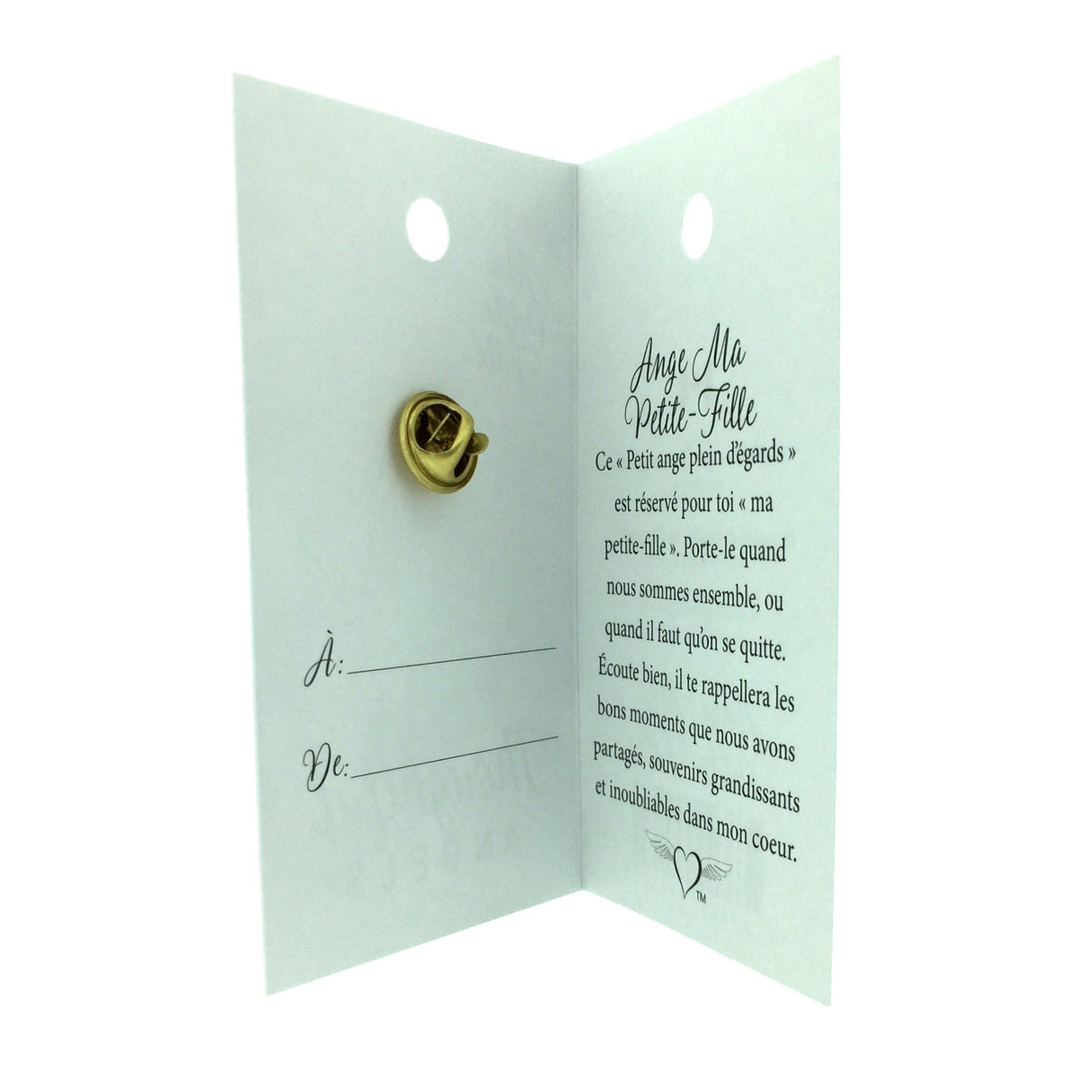 Carte ouverte de l’épinglette « Ma petite-fille », avec son message en français.