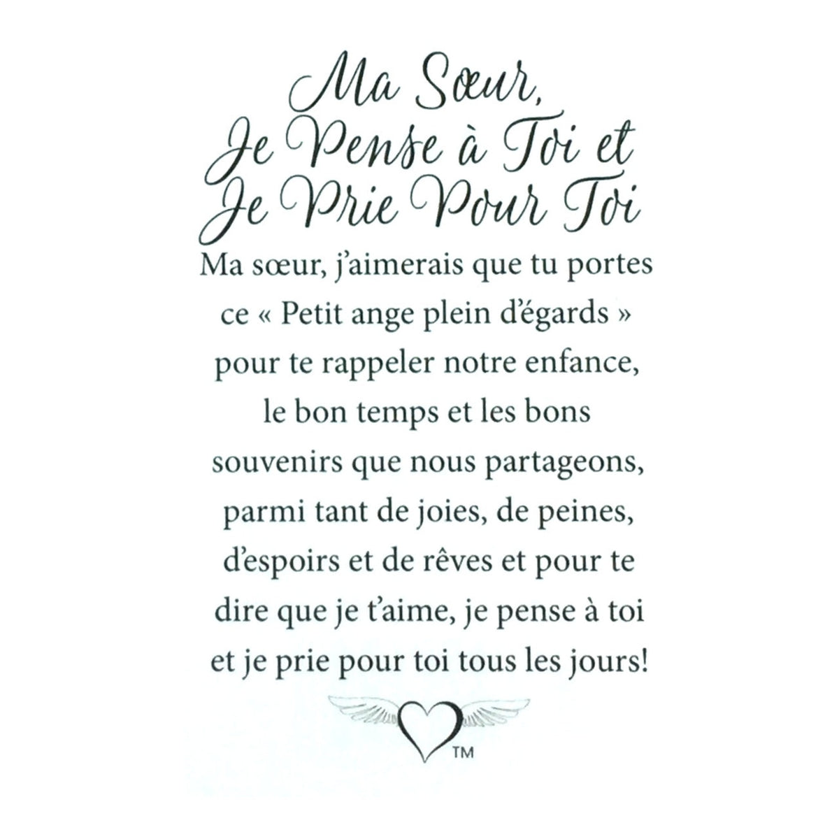 Message en français sur la carte de l’épinglette « Ma sœur, je pense à toi et je prie pour toi ».