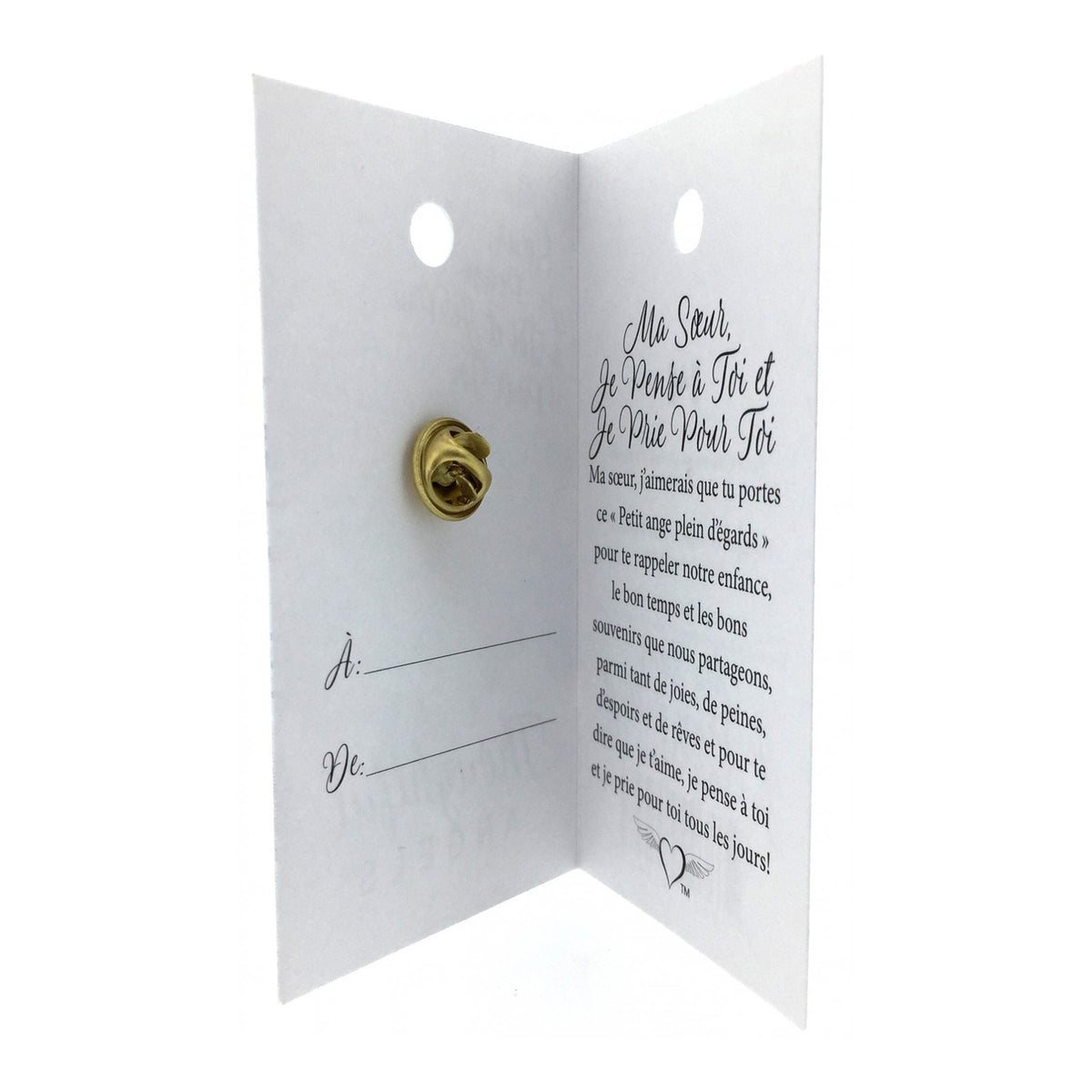 Carte ouverte de l’épinglette « Ma sœur, je pense à toi et je prie pour toi », avec son message en français.