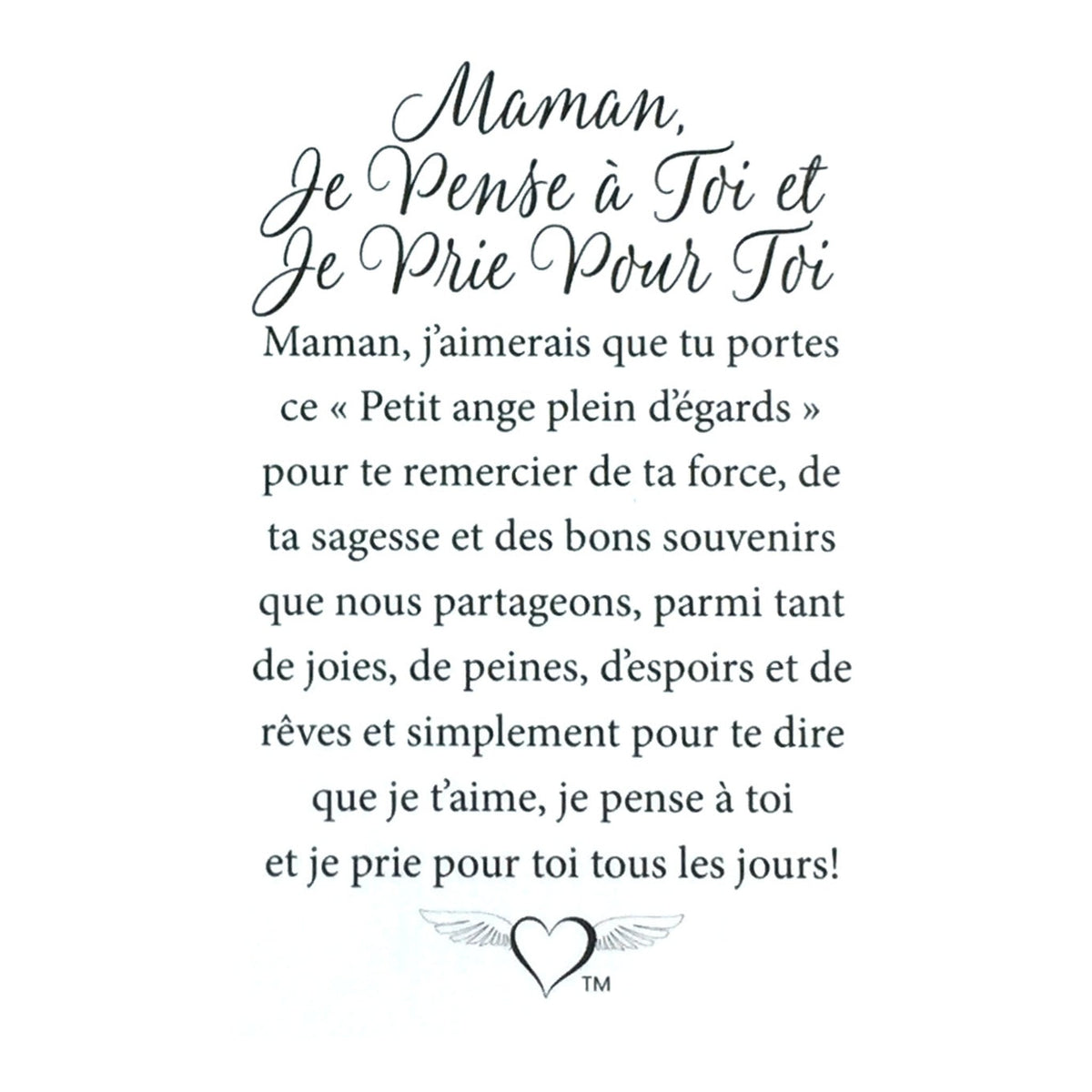 Message en français sur la carte de l’épinglette « Maman, je pense à toi et je prie pour toi ».