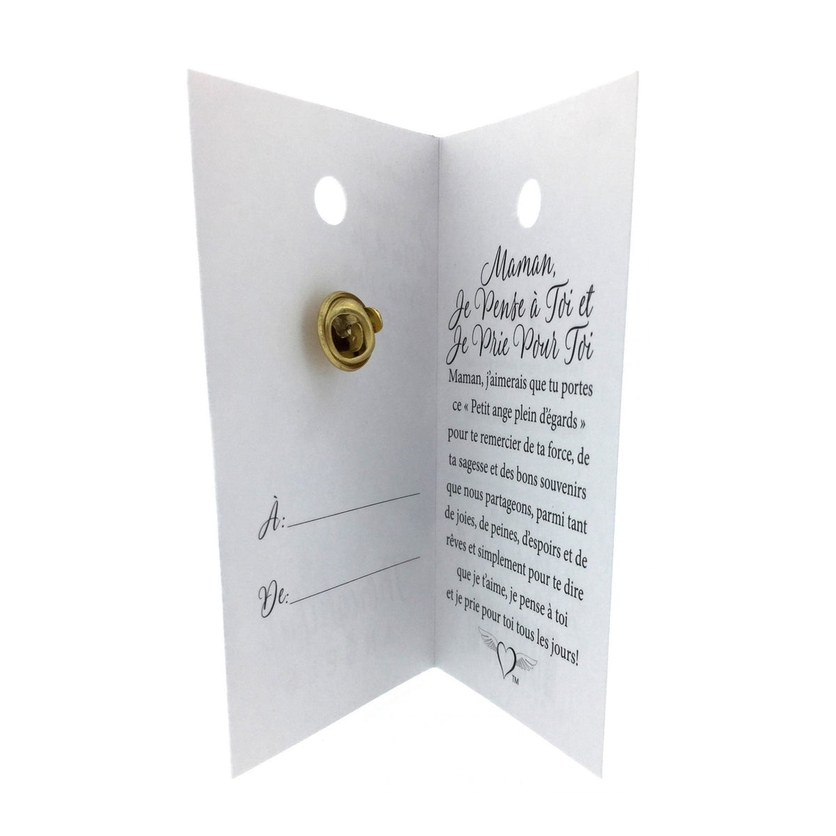Carte ouverte de l’épinglette « Maman, je pense à toi et je prie pour toi », avec son message en français.