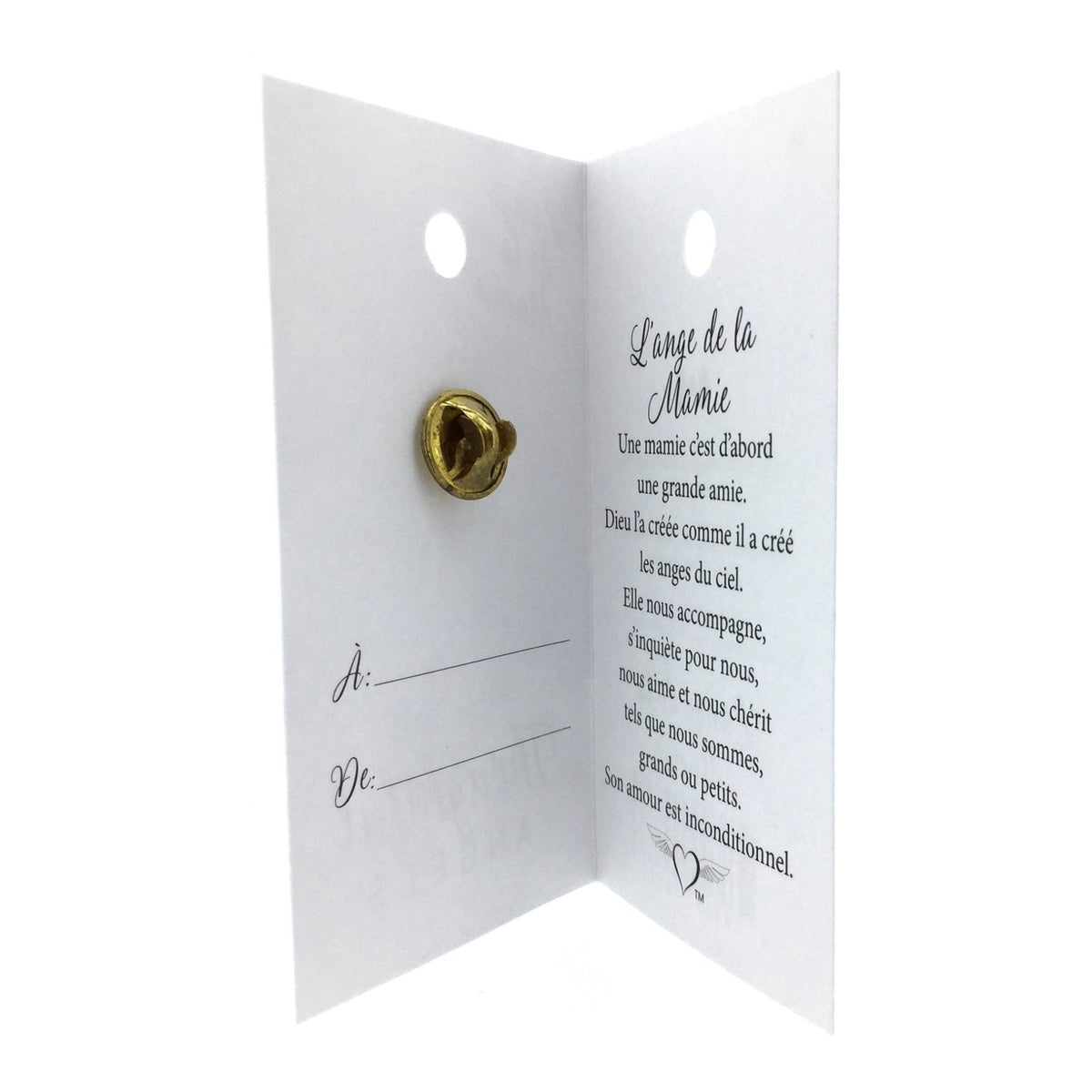 Carte ouverte de l’épinglette « Mamie », avec son message en français.