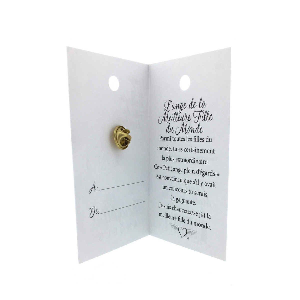Épinglette ange « Meilleure fille du monde » — carte ouverte et attache au dos.