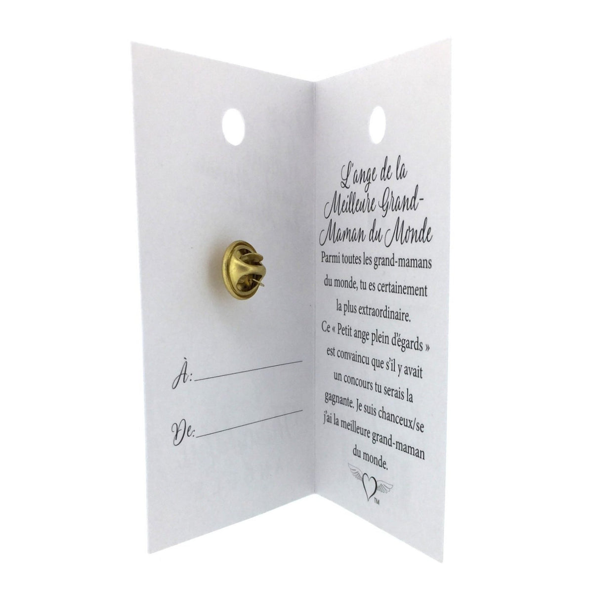 Carte ouverte de l’épinglette « Meilleure grand-maman du monde », avec son message en français.