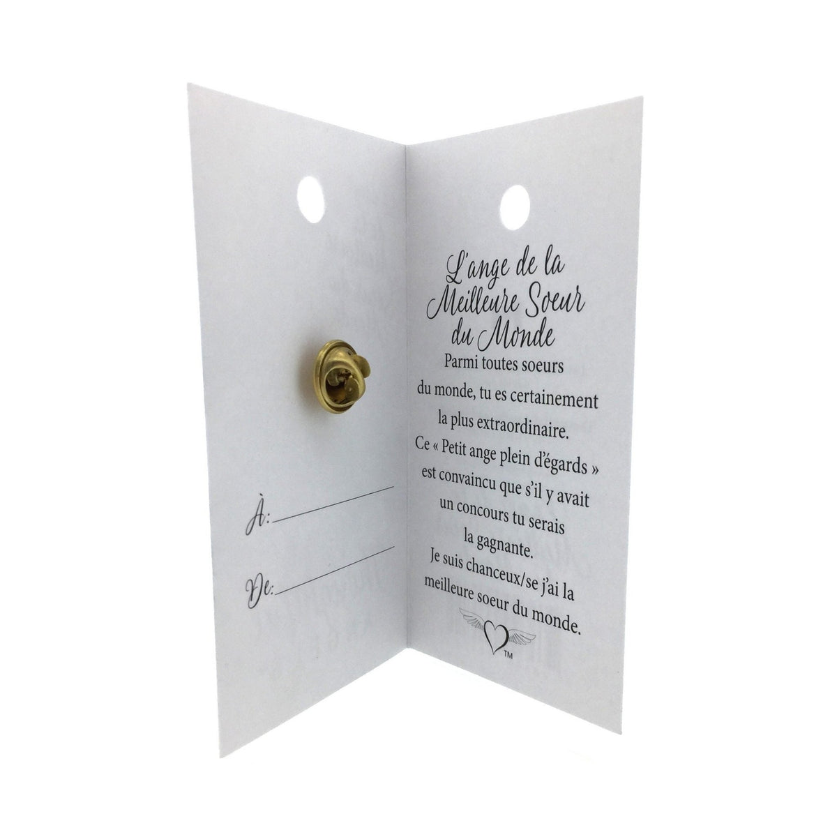 Carte ouverte de l’épinglette « Meilleure sœur du monde », avec son message en français.