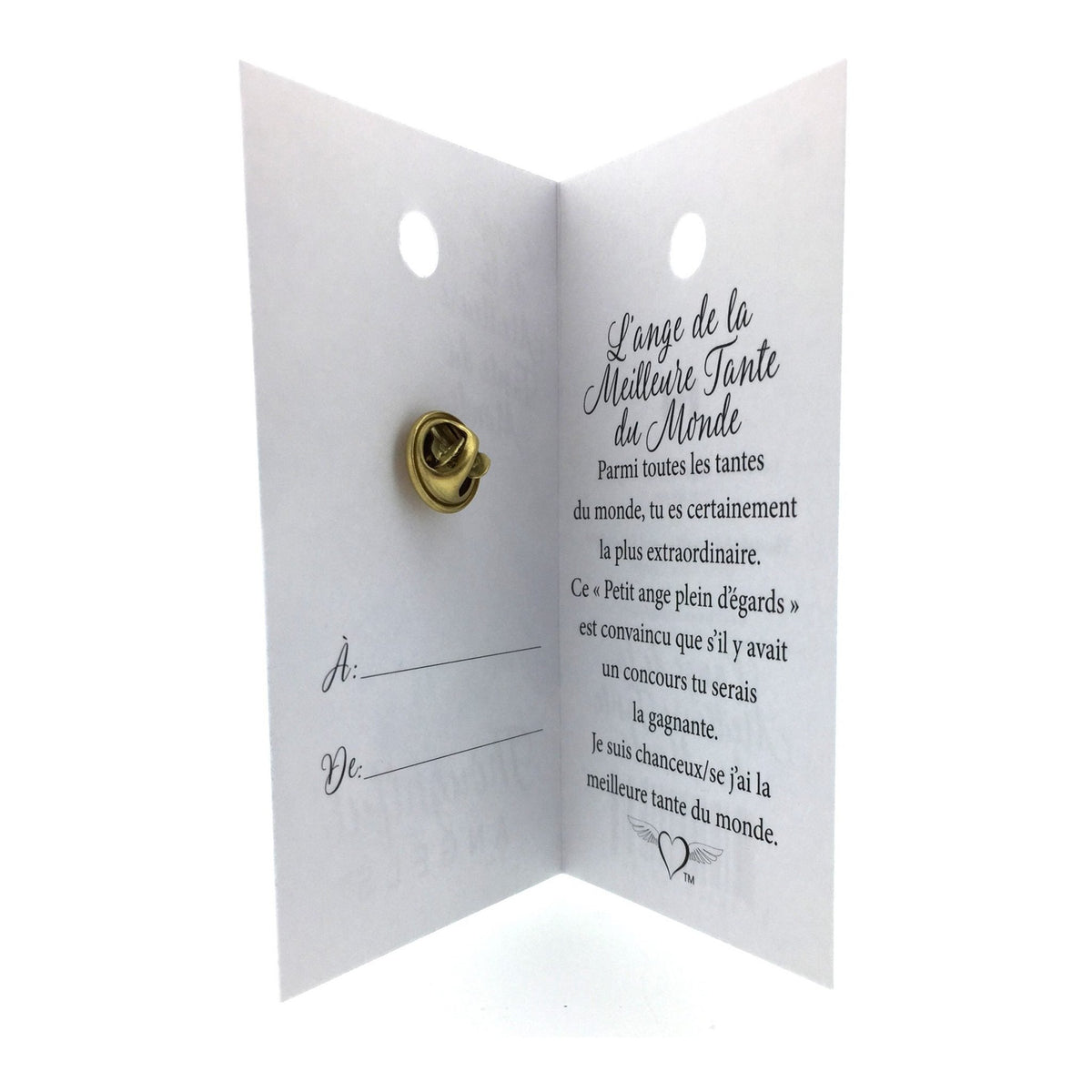 Carte ouverte de l’épinglette « Meilleure tante du monde », avec son message en français.