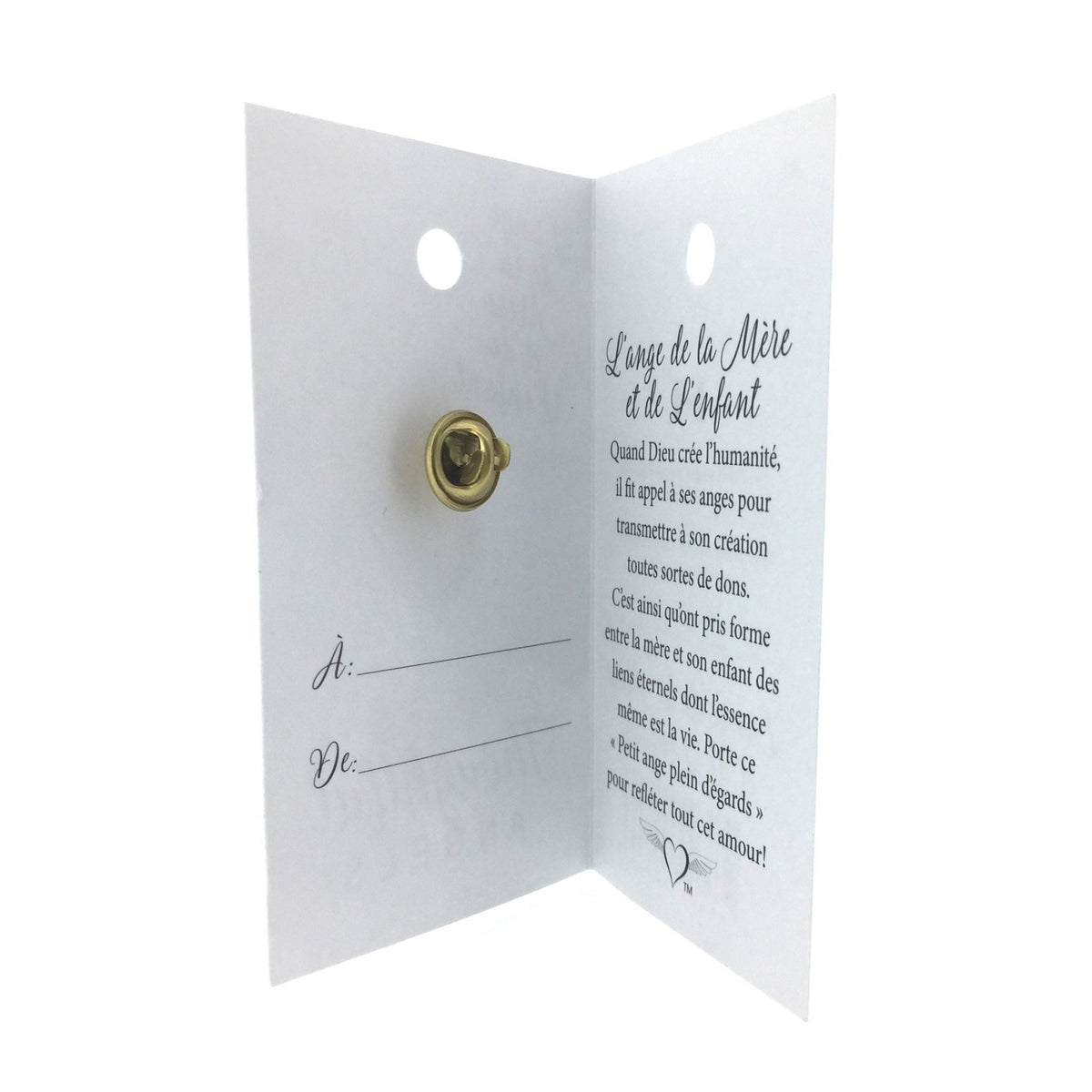 Carte ouverte de l’épinglette « Mère et enfant », avec son message en français.