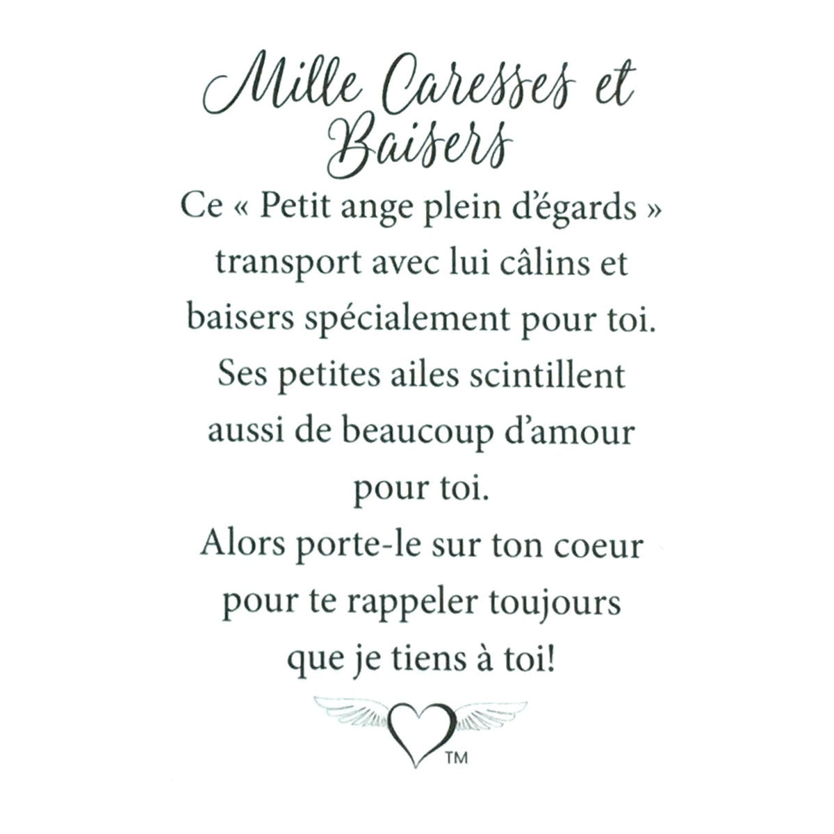 Message en français sur la carte de l’épinglette « Mille caresses et baisers ».
