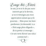 Message en français sur la carte de l’épinglette « Nièces ».