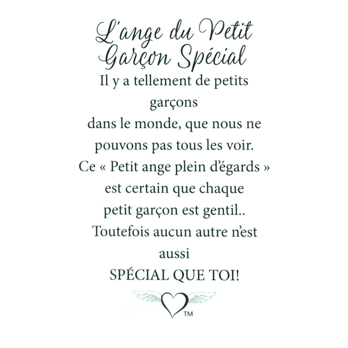 Message en français sur la carte de l’épinglette « Petit garçon spécial ».