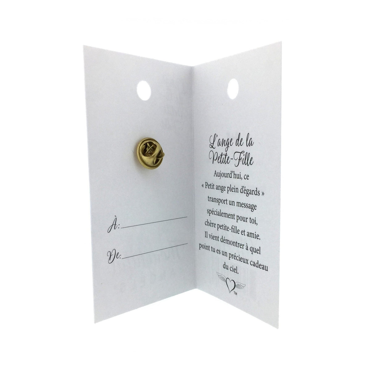 Carte ouverte de l’épinglette « Petite-fille », avec son message en français.