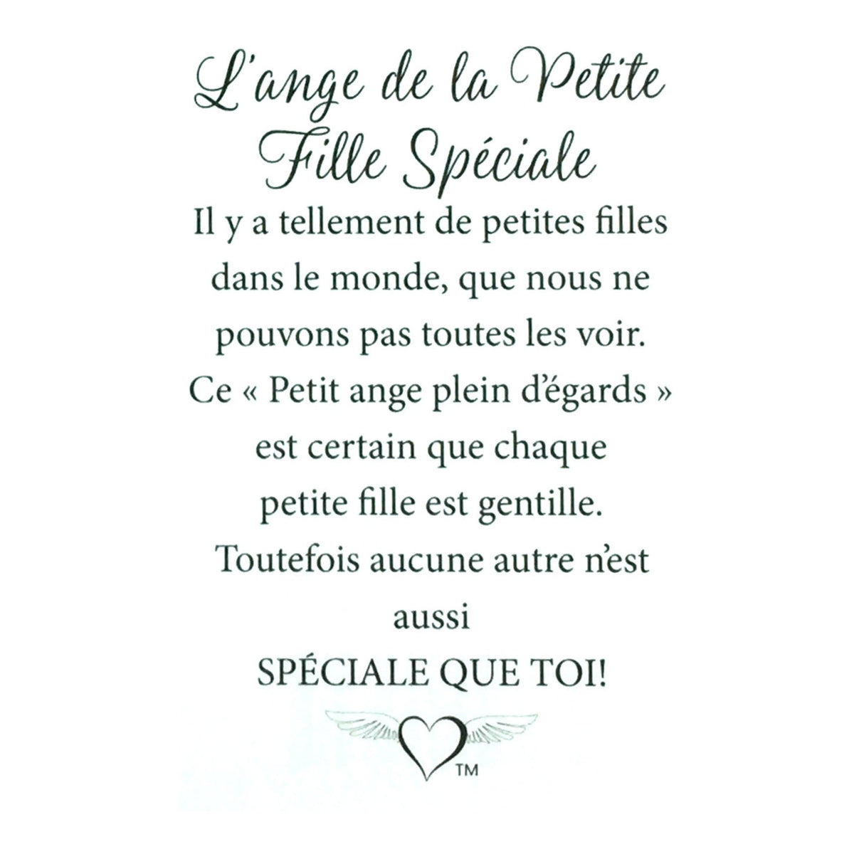 Message en français sur la carte de l’épinglette « Petite fille spéciale ».