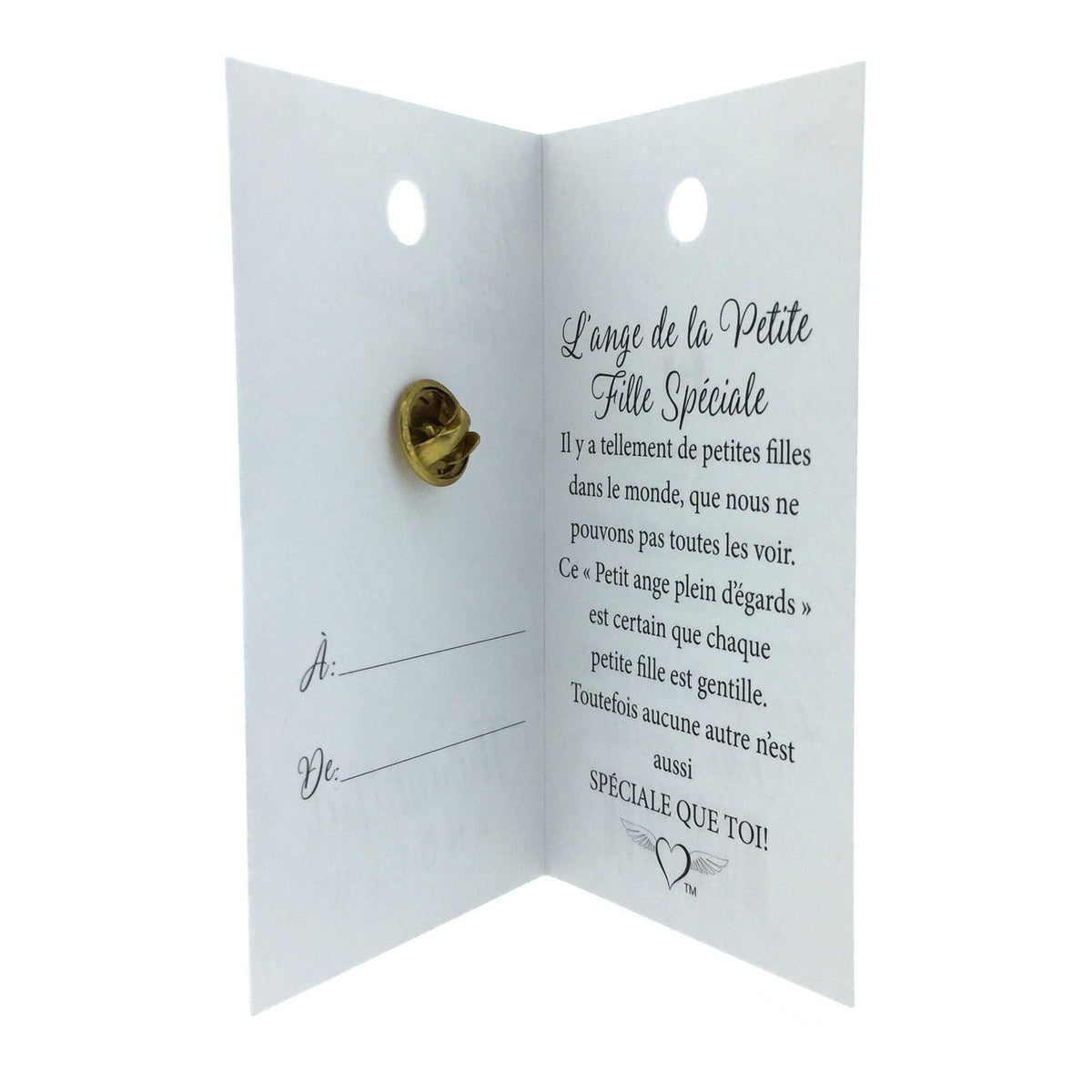 Carte ouverte de l’épinglette « Petite fille spéciale », avec son message en français.