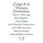 Message en français sur la carte de l’épinglette « Première communion ».