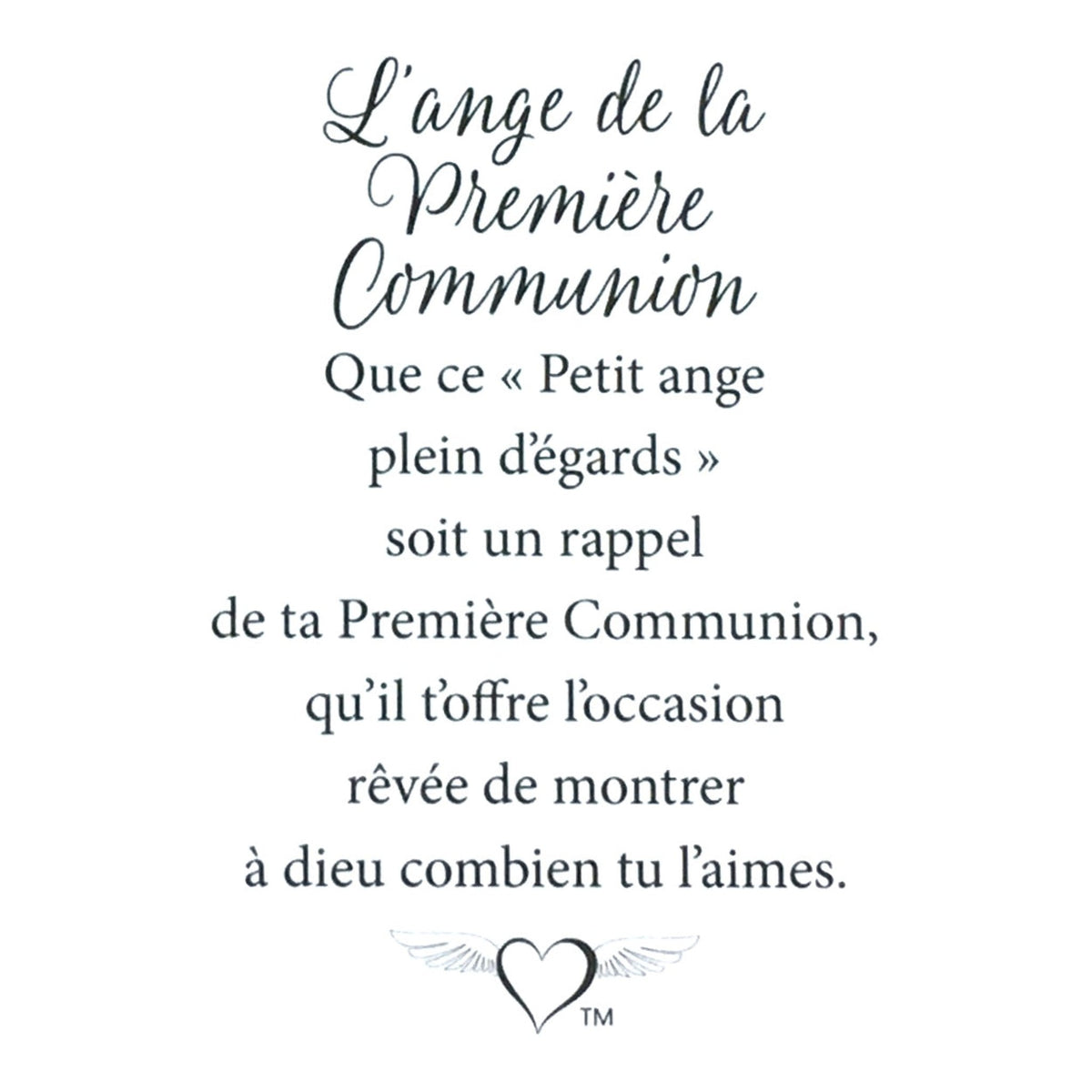 Message en français sur la carte de l’épinglette « Première communion ».