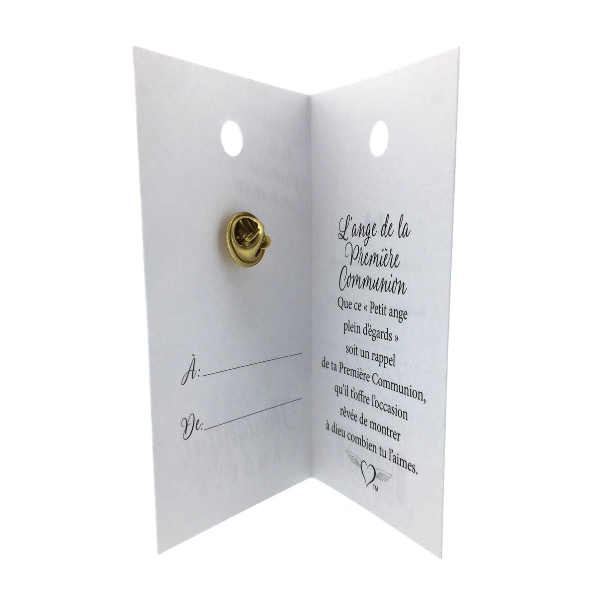 Carte ouverte de l’épinglette « Première communion », avec son message en français.