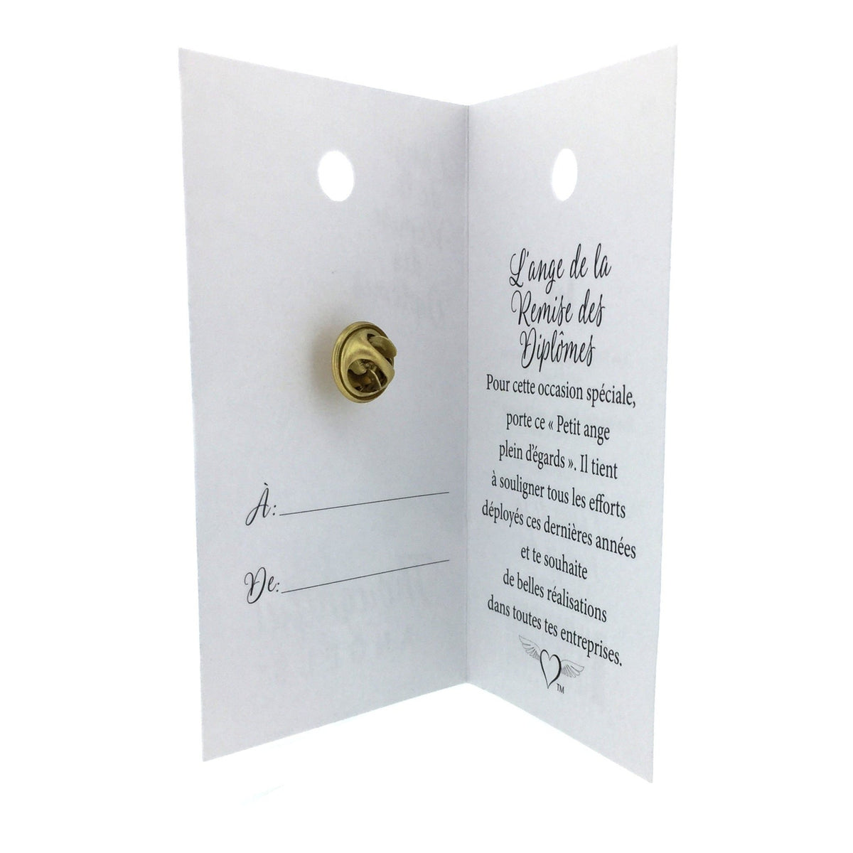 Carte ouverte de l’épinglette « Remise des diplômes », avec son message en français.