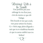 Message en français sur la carte de l’épinglette « Reviens vite à la santé ».