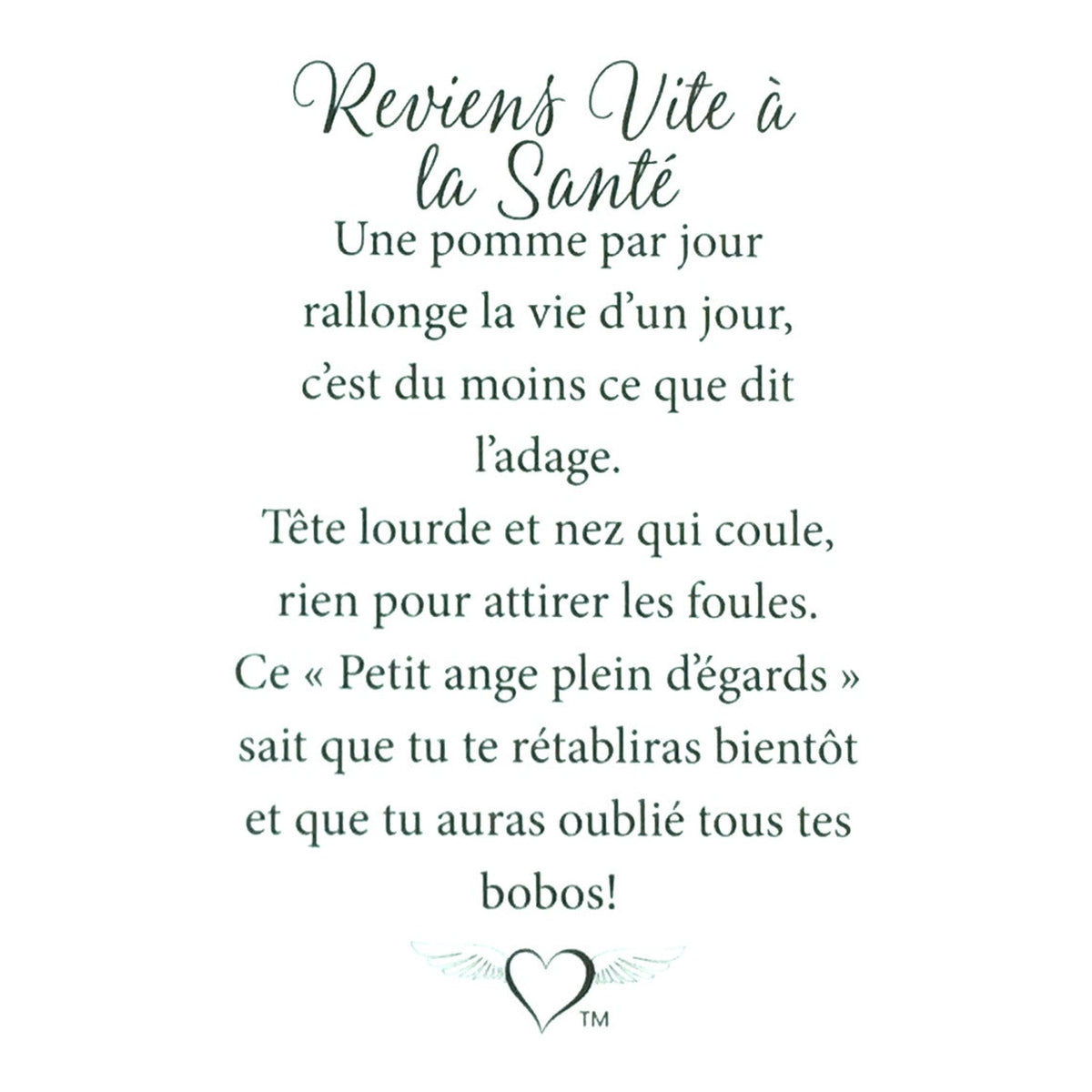 Message en français sur la carte de l’épinglette « Reviens vite à la santé ».