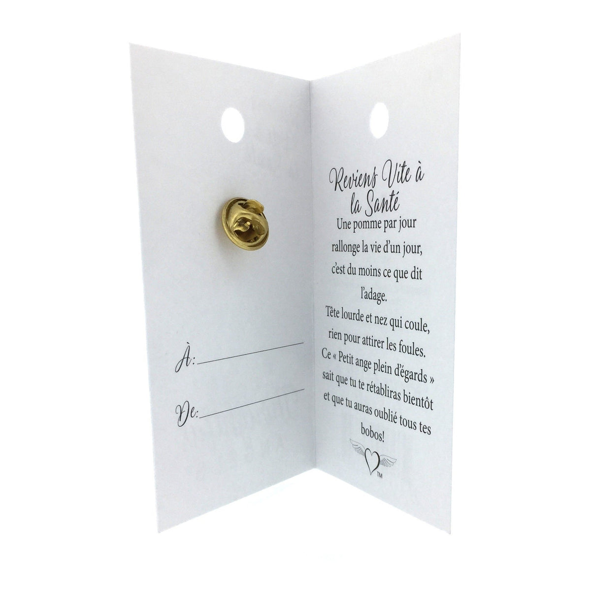 Carte ouverte de l’épinglette « Reviens vite à la santé », avec son message en français.