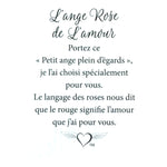 Message en français sur la carte de l’épinglette « Rose de l’amour ».