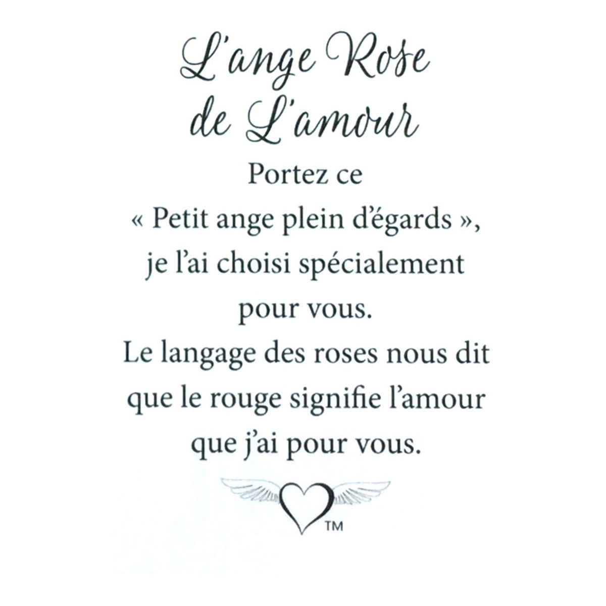 Message en français sur la carte de l’épinglette « Rose de l’amour ».