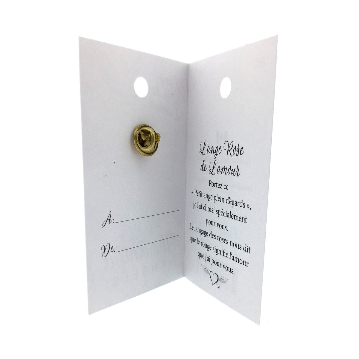 Carte ouverte de l’épinglette « Rose de l’amour », avec son message en français.