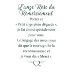 Message en français sur la carte de l’épinglette « Rose du remerciement ».
