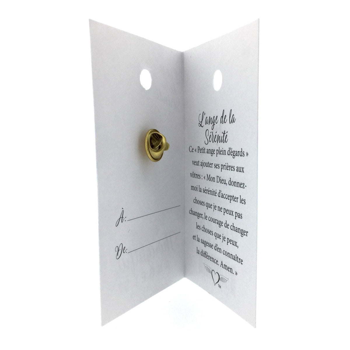 Carte ouverte de l’épinglette « Sérénité », avec son message en français.