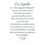 Message en français sur la carte de l’épinglette « T’es capable ».