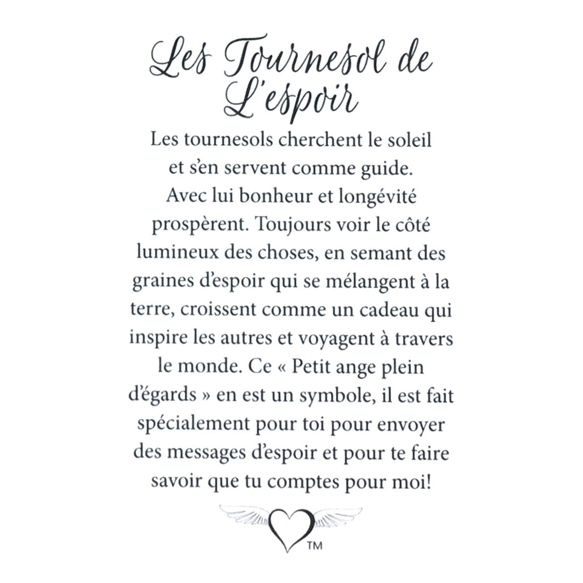 Message en français sur la carte de l’épinglette « Tournesol de l’espoir ».