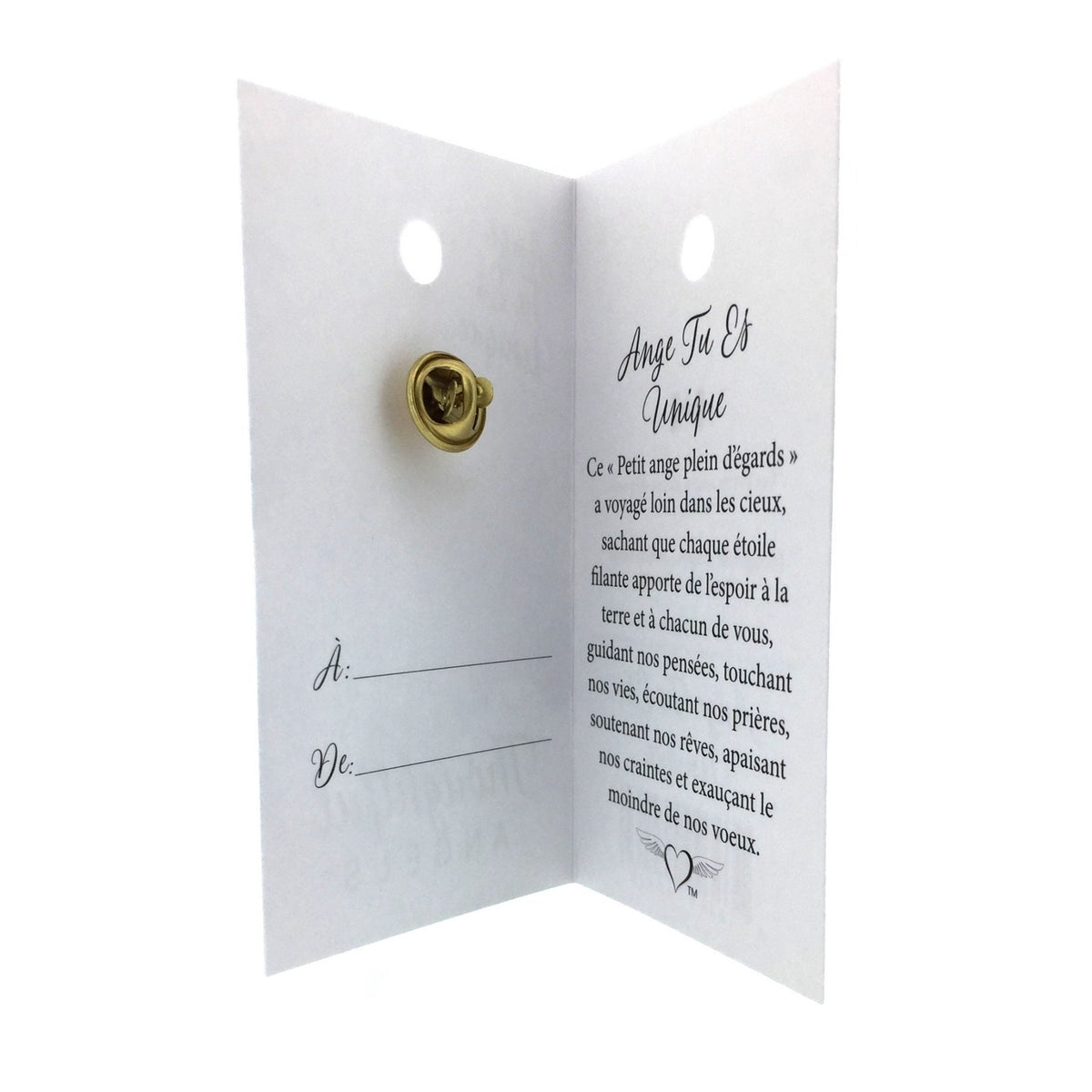 Carte ouverte de l’épinglette « Tu es unique », avec son message en français.