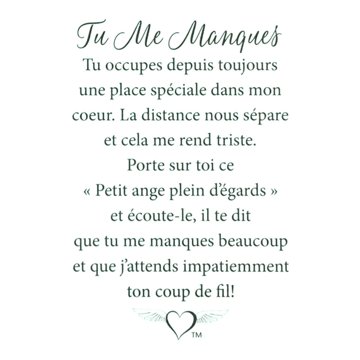 Message en français sur la carte de l’épinglette « Tu me manques ».