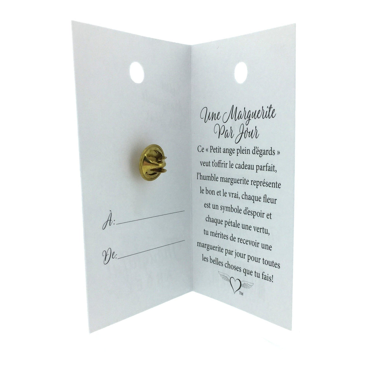Carte ouverte de l’épinglette « Une marguerite par jour », avec son message en français.