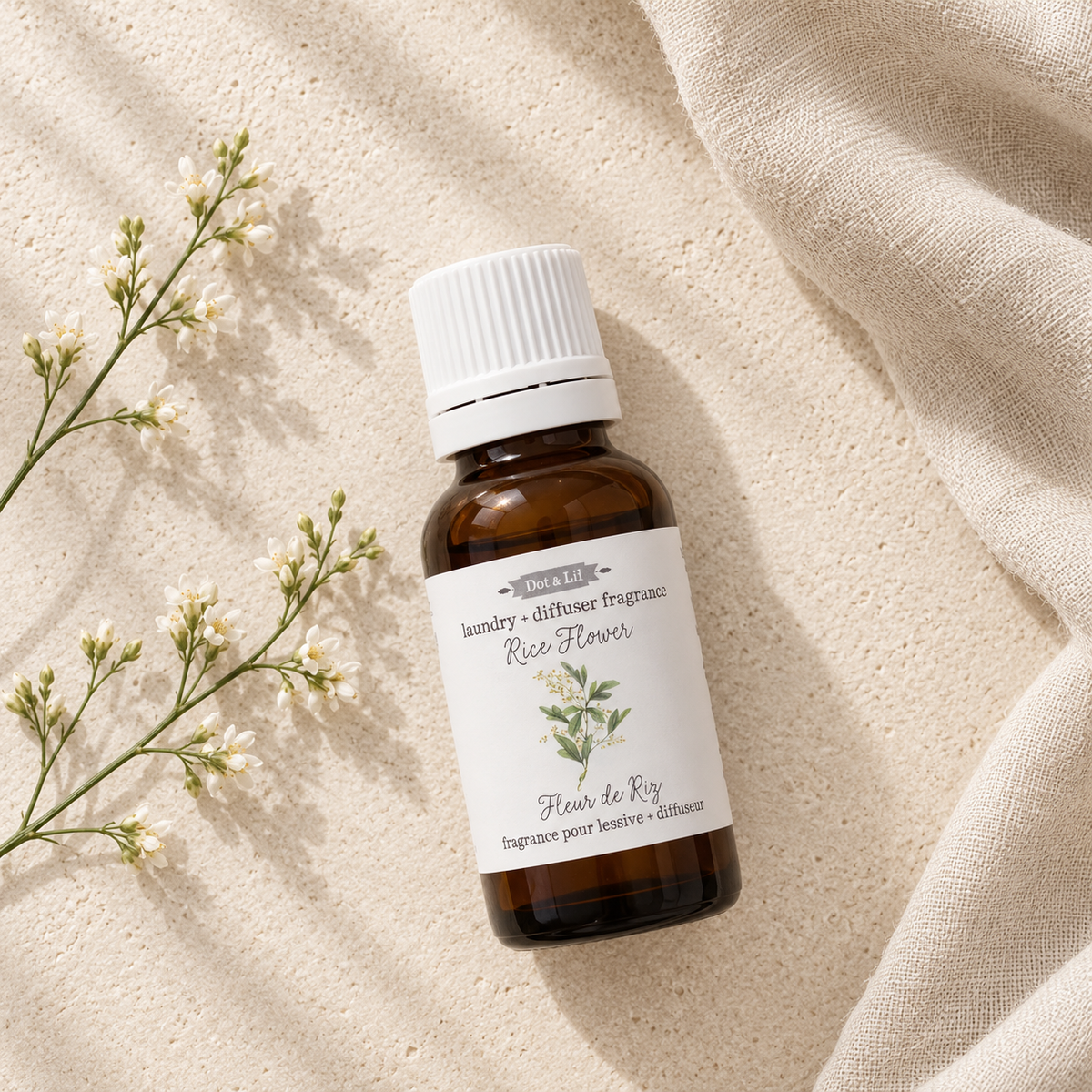Essence parfumée pour la maison – Fleur de riz – 15 ml de Dot & Lil – présentation du produit