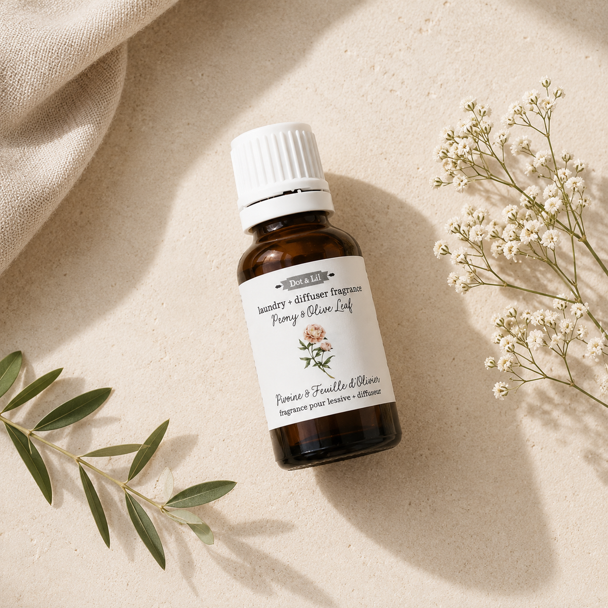 Essence parfumée pour la maison – Pivoine & feuille d’olivier – 15 ml de Dot & Lil – présentation du produit