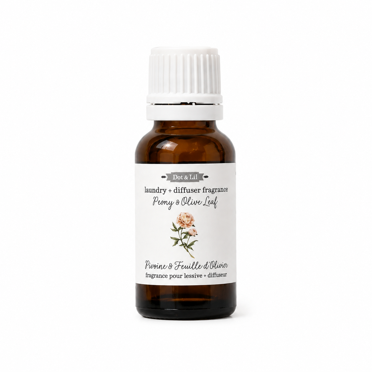 Essence parfumée pour la maison – Pivoine & feuille d’olivier – 15 ml de Dot & Lil – présentation du produit