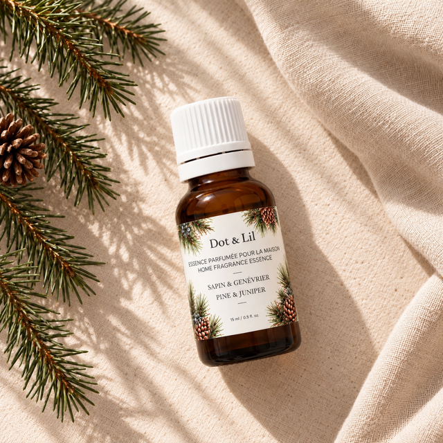 Essence parfumée pour la maison – Sapin & genévrier – 15 ml de Dot & Lil – présentation du produit