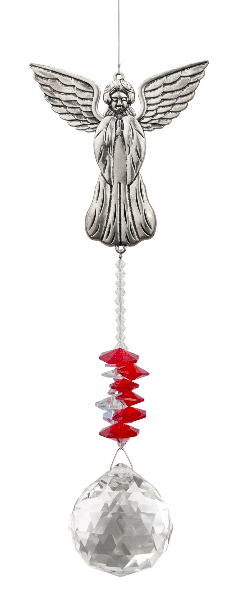Attrape-soleil Ange Eternity Crystal : motif argenté représentant un ange aux ailes déployées, perles rouges et cristal transparent facetté.