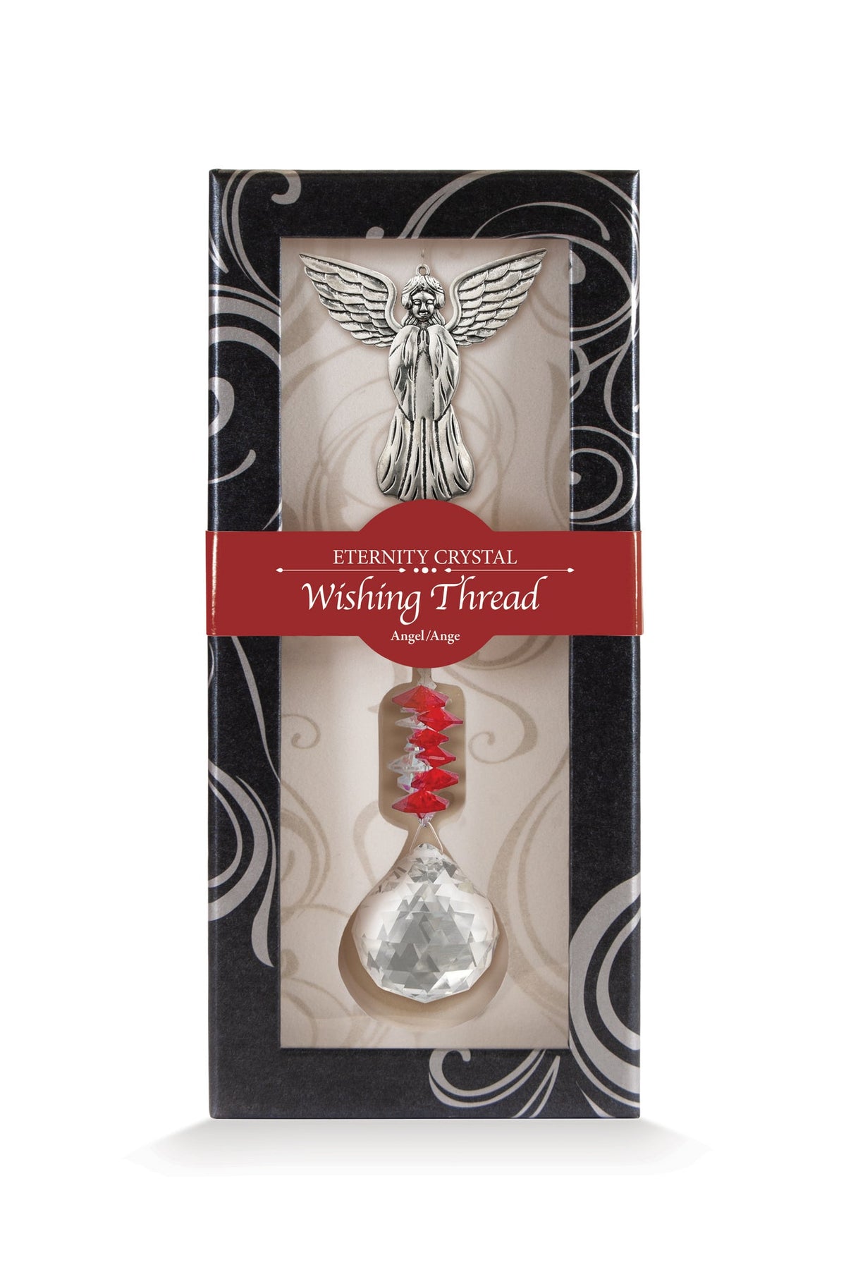 Fil à vœux Ange Eternity Crystal présenté dans sa boîte illustrée avec son cristal facetté.