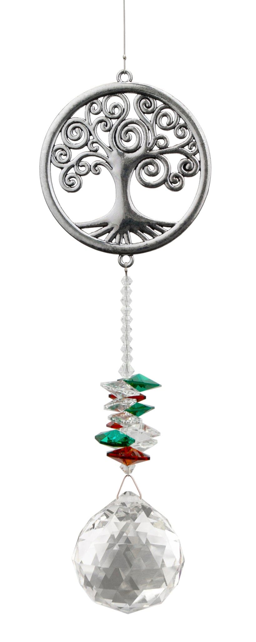 Attrape-soleil Arbre de vie Eternity Crystal : motif argenté représentant un arbre de vie dans un cercle, perles vertes et cristal transparent facetté.