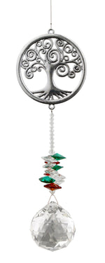 Attrape-soleil Arbre de vie Eternity Crystal : motif argenté représentant un arbre de vie dans un cercle, perles vertes et cristal transparent facetté.