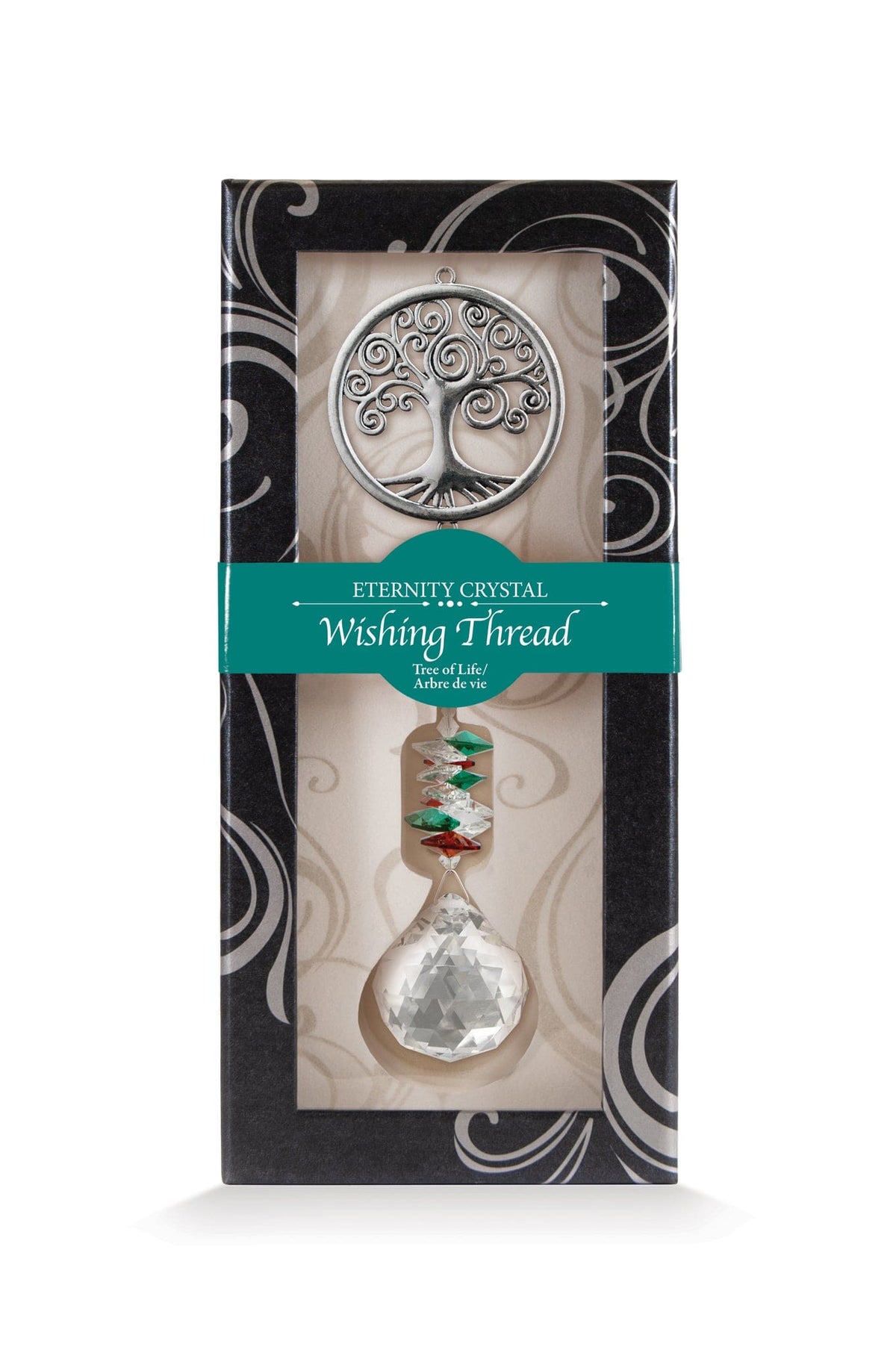 Fil à vœux Arbre de vie Eternity Crystal présenté dans sa boîte illustrée avec son cristal facetté.