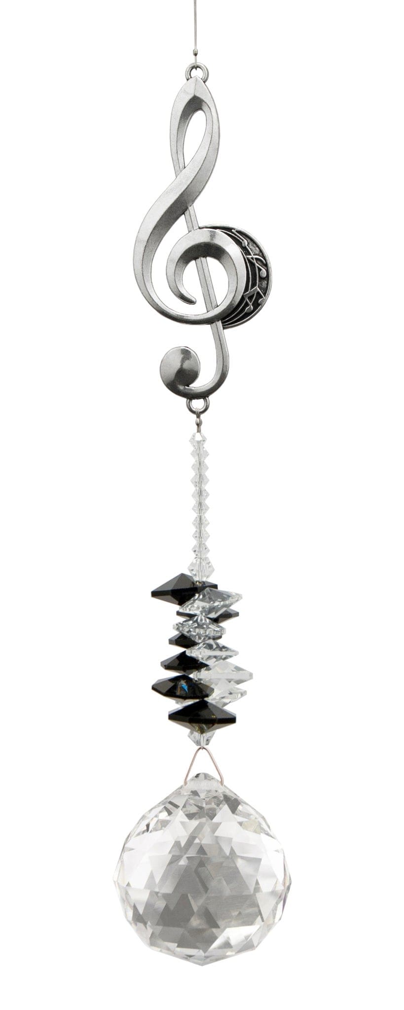 Attrape-soleil Clé de sol Eternity Crystal : motif argenté représentant une clé de sol, perles sombres et cristal transparent facetté.