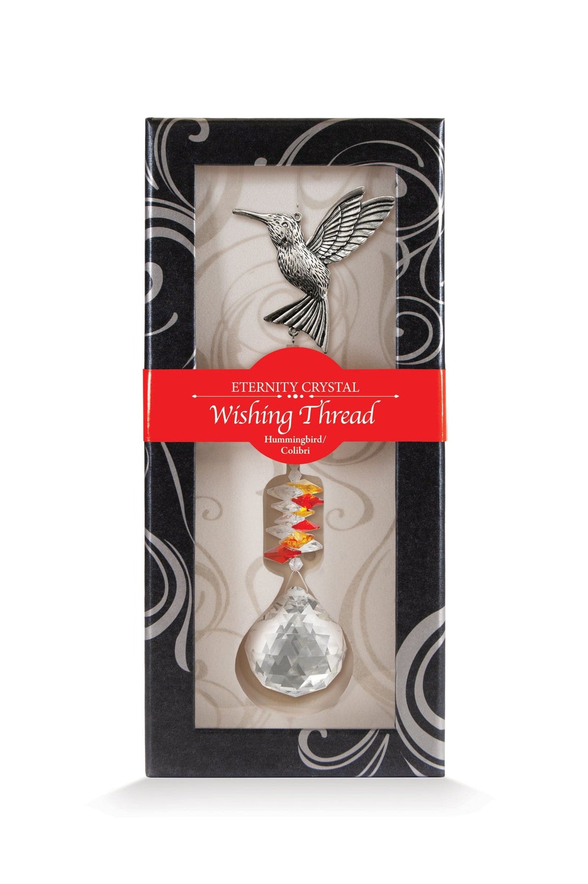 Fil à vœux Colibri Eternity Crystal présenté dans sa boîte illustrée avec son cristal facetté.