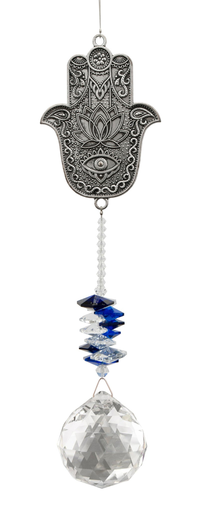 Attrape-soleil Hamsa Eternity Crystal : motif argenté représentant une main Hamsa ornée, perles bleues et cristal transparent facetté.