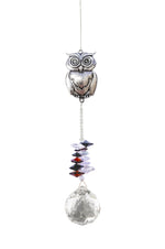 Attrape-soleil Hibou Eternity Crystal : motif argenté représentant un hibou, perles multicolores et cristal transparent facetté.