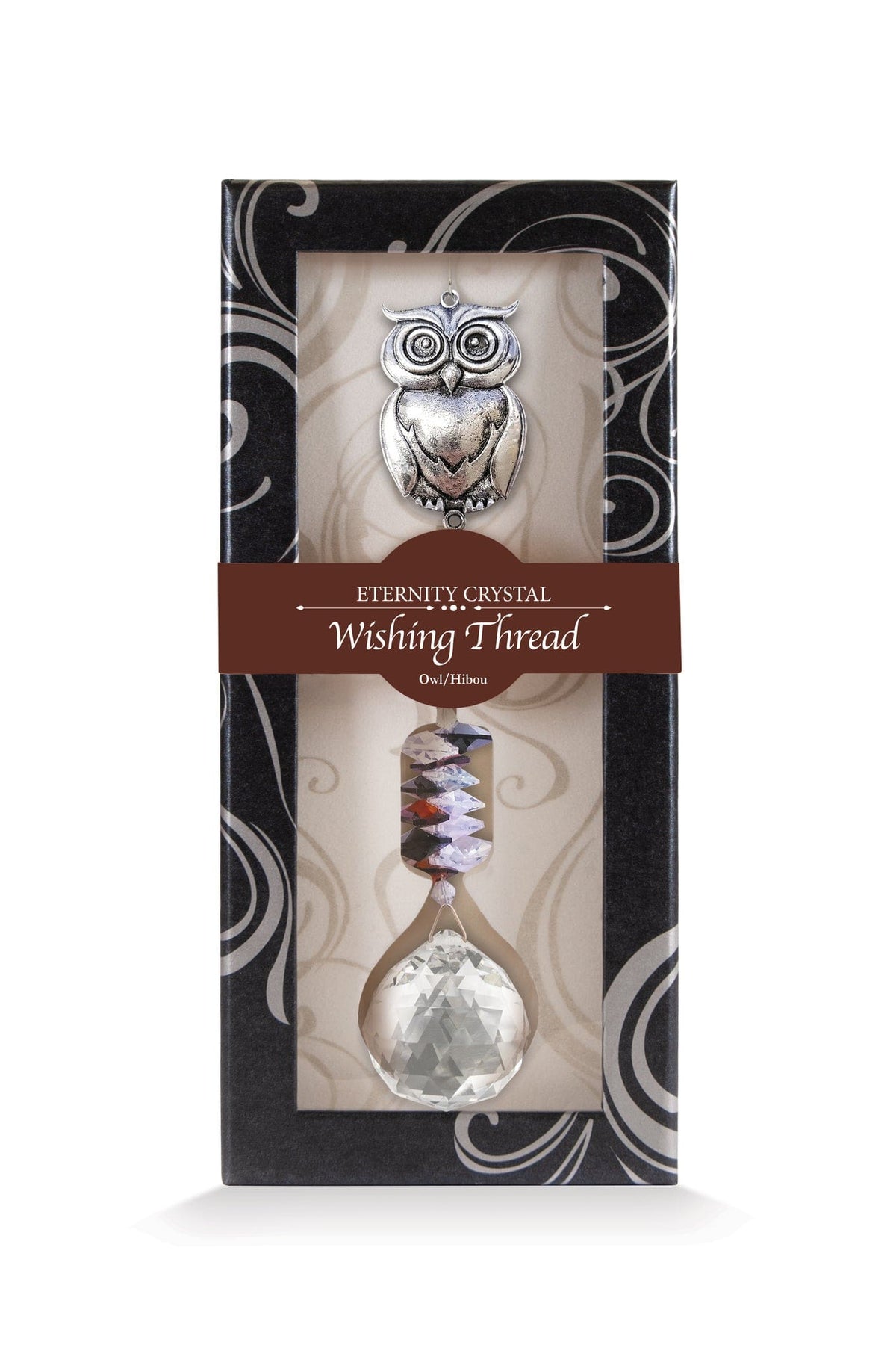 Fil à vœux Hibou Eternity Crystal présenté dans sa boîte illustrée avec son cristal facetté.